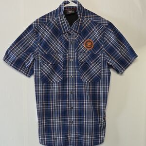 Harley-Davidson Blue Plaid Short-Sleeve Button-Up Shirt with Orange Logo Size M